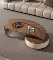Ensemble de table basse de luxe en teck organique minimaliste pour salon, style Wabi Sabi, forme ovale, meuble TV, meubles de salon