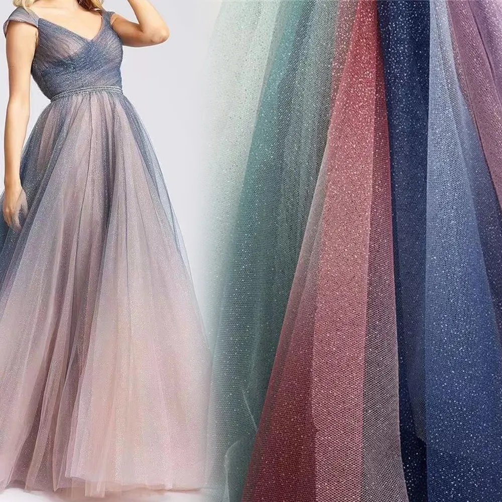 New Design Shimmer Ombre Color Changing Printed Mesh Glitter Tulle Fabric Net Polyester Blue Sparkle Glitter Fabric For Dress