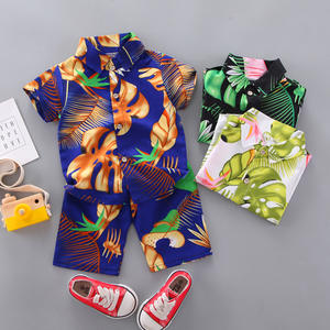 2021 Summer Fashion Children Clothes Cartoon Printed Beach Leaves Flowers Short Sleeve Shirt Shorts Boy Clothes Sets for Holiday - Product Image 3