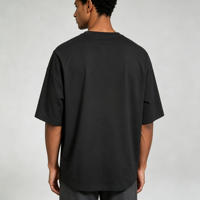 T-shirt noir grande taille à col rond, broderie unie unique, coupe ample, coutures vintage, 260 grammes