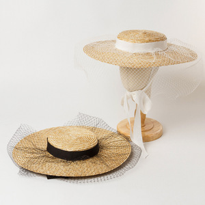 Chapeau de paille court pour enfants avec voile, protection solaire extérieure, en paille de blé, pour la plage, collection Printemps-Été - Product Image 1