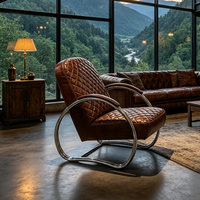 Fauteuil d'appoint moderne rétro en cuir véritable avec structure métallique, canapé individuel marron à motif losanges, fauteuil de loisirs pour salon
