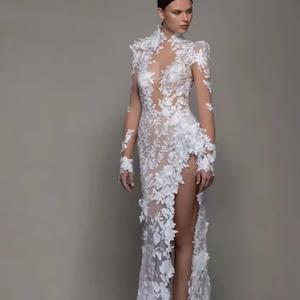 Encantadora Bata de Novia con Apliques de <span class=keywords><strong>Flores</strong></span> 3D Ilusión Sexy y Abertura Alta Vestido de Novia Sirena Vintage Largo Robe De Mariée - Product Image 3