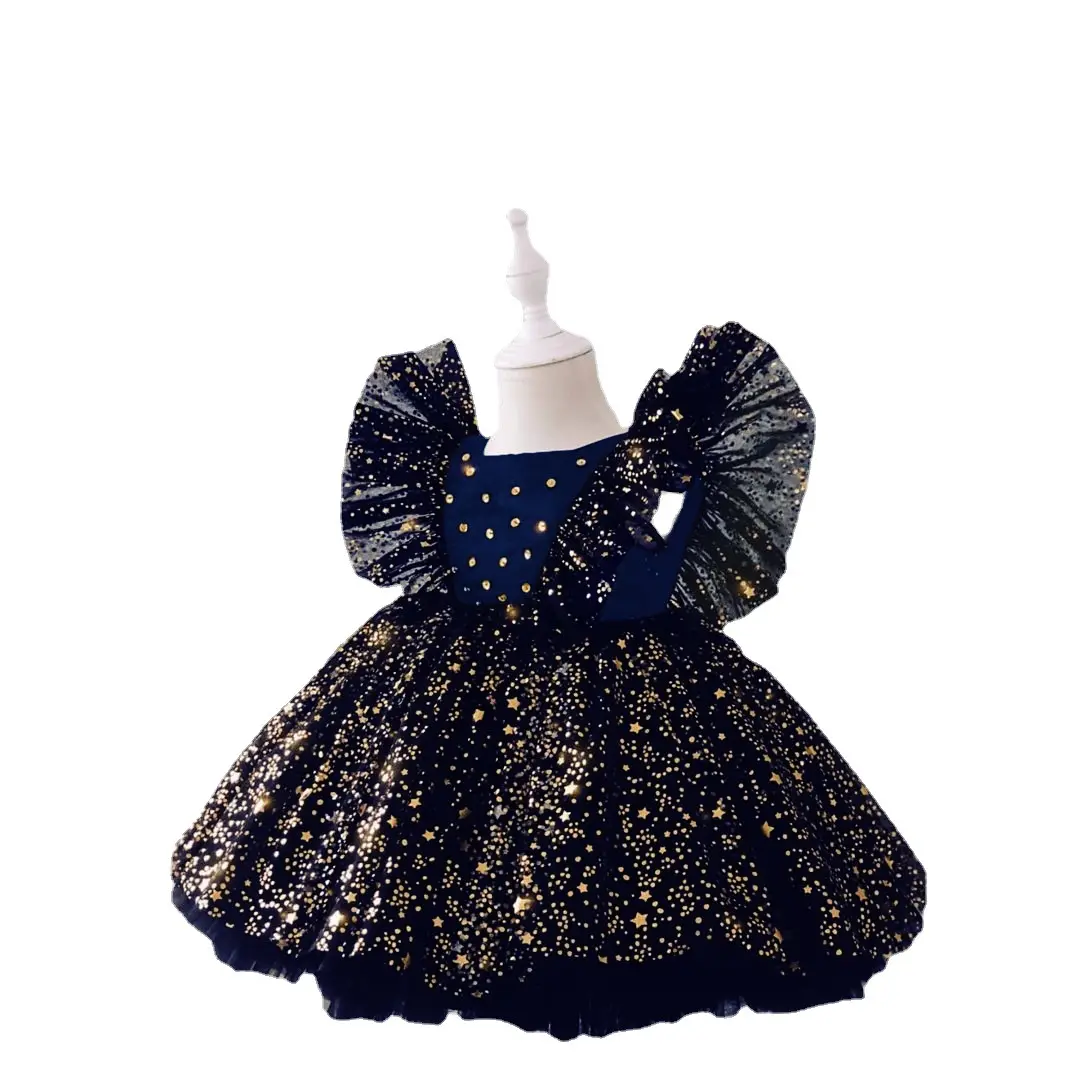 Party kleid Mädchen solide Flare Ärmel Glitter Polka Dot Mesh Tutu Kleid Christian Girl Kleider