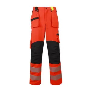 Polyester Cotton Hi vis Red Reflective Safety Workwear Stretch Holster Work Cargo Pants Carpenter Work Pants with knee pad