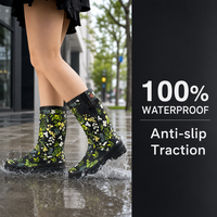 Bottes de pluie en caoutchouc pour femmes à imprimé floral tendance, motif botanique noir, imperméables, chaussures de jardin d'extérieur pour femmes