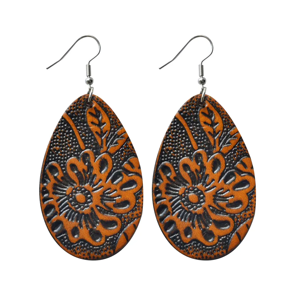 hot sells Fashion Genuine Leather earrings In four Colors water drop shape Vintage embossed Earrings For Women