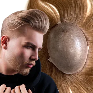 Groothandel Goedkope Full Pu Injectie Dunne Huid Basis Rechte Goud Blonde Toupet Witte Mannen Eenheden 100% Europese Mens Haar Systeem