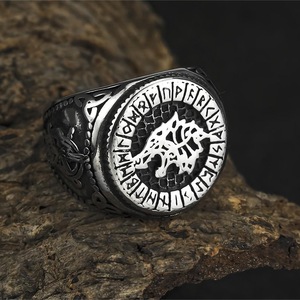 Men's <b>Titanium</b> Steel <b>Ring</b> Viking Wolf Head Runes Hip Hop Style Animal Geometric Design Gift Jewelry - Product Image 4