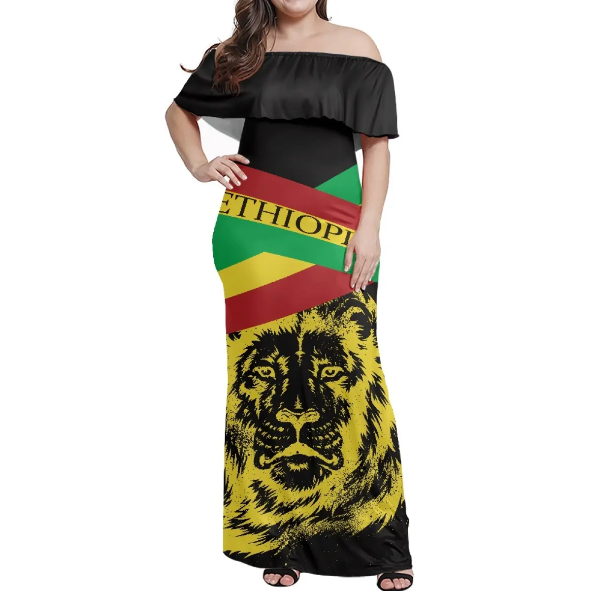 Drop Shipping Jamaican Flag Design Print Damen Casual Lange Kleider Elegant Chic Rüschen Schulter kleider Custom ized Großhandel