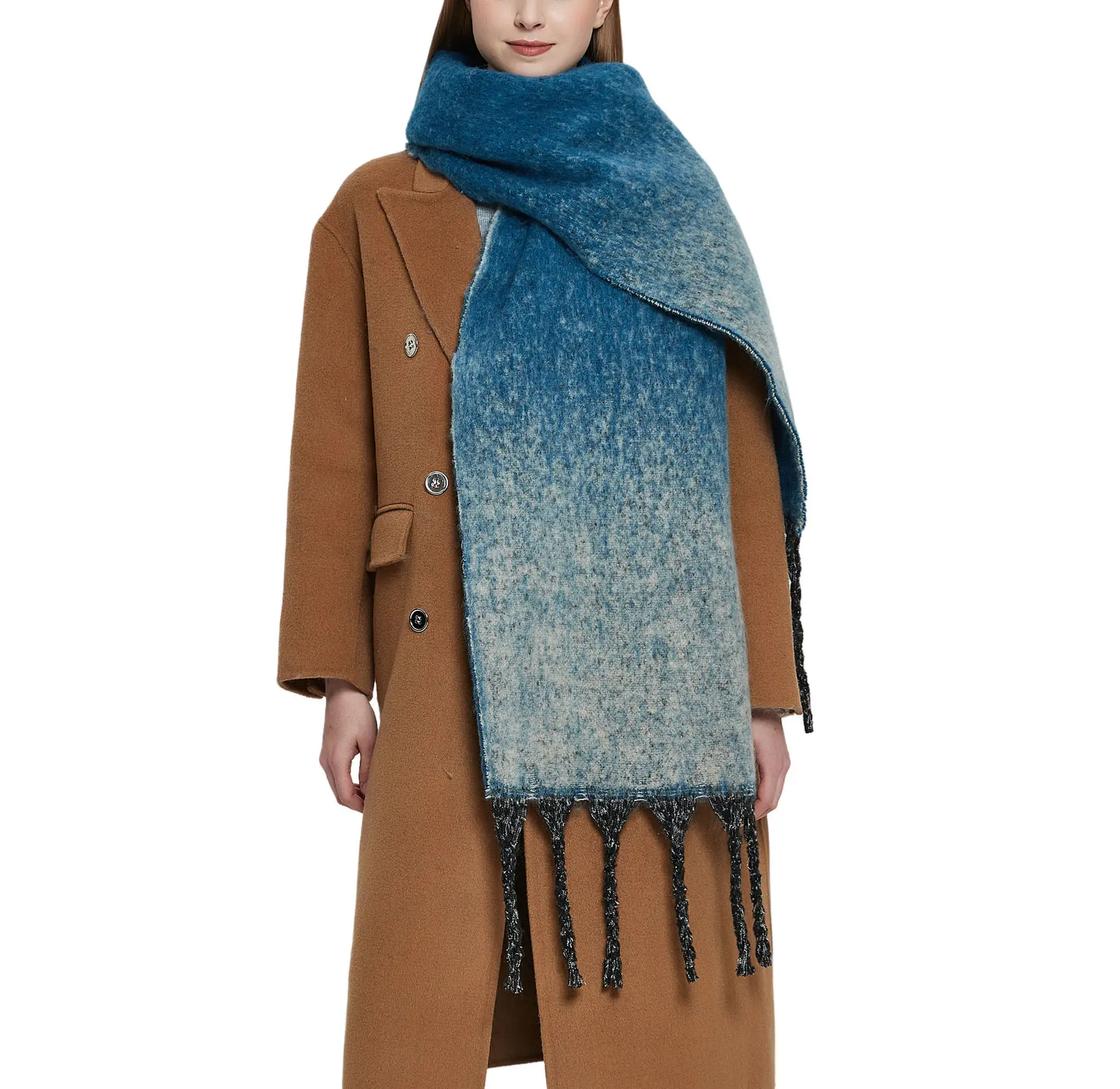 Heavy weight winter women Gradient color Tassel cashmere scarf thermal knitted long cashmere shawl scarf