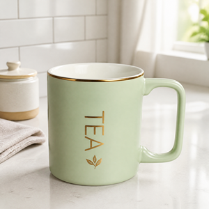 <span class=keywords><strong>Tazza</strong></span> da Tè in Ceramica Opaca con Bordo Dorato, Corpo Bianco Crema, Manico a <span class=keywords><strong>D</strong></span> Spesso, con Testo Dorato Scritto, <span class=keywords><strong>Tazza</strong></span> da Caffè - Product Image 1
