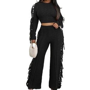 Nouvel ensemble 2 pièces pour femme, pull en tricot uni à manches longues et col rond, pantalon à franges, automne/hiver, tendance - Product Image 2