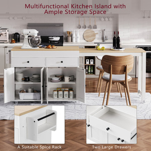 Isla de Cocina Moderna Ecológica K&K de 74.5 Pulgadas con Mesa de Comedor Extensible sobre Ruedas, Estante para Especias Portátil Impermeable, 2 Cajones - Product Image 6