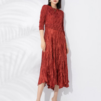 Nouvelle Robe Plissée Miyake pour Femme 2026 - Col Montant, Manches 3/4, Texturée, Style Élégant Décontracté, Infroissable, Taille Unique