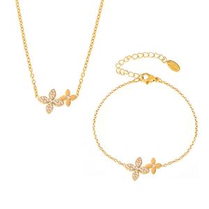 Juego de Collar y Pulsera con Colgante de Zirconia, Cadena de Acero Inoxidable 316L con Baño de Oro PVD, Diseño de Flor de la Suerte, Resistente al Deslustre, para Mujer - Product Image 3