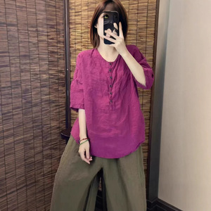 Green Cotton Linen Short Sleeve <b>Blouse</b> Loose Fit Round Neck Women's Shirt Everyday Wear Simple Style Solid Color Top - Product Image 2