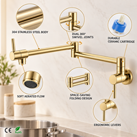 Robinet de cuisine mural moderne en acier inoxydable flexible et rotatif avec double poignée et douchette extractible pour remplissage de casseroles, idéal pour hôtels et centres commerciaux