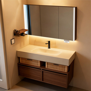 Modern Wall-Mounted Bathroom Vanity with <b>Sink</b> - Wood Finish Bathroom Cabinet with LED Light Mirror & Wicker <b>Storage</b> Baskets - Product Image 6