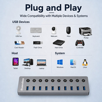 Hub de Datos USB 3.0 de 7/10 Puertos con Luces LED, Interruptor de Encendido/Apagado, Fuente de Alimentación, Super Velocidad 5Gbps, Divisor USB para Computadoras, en Stock