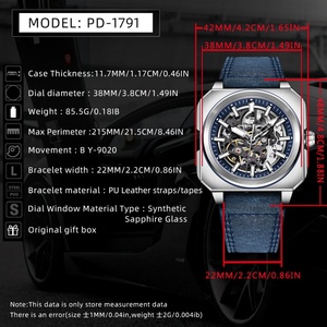 Montre de luxe mécanique automatique pour homme PAGANI Design 1791, cadran squelette carré, bracelet en cuir, acier inoxydable, verre saphir - Product Image 2
