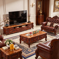 Ensemble meuble TV et table basse classique en bois massif de style européen avec plateau en marbre naturel, meuble de rangement pour salon, mobilier de maison en gros