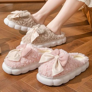 Chao Warm Plush <b>Slippers</b> With Bow Thick Soled Anti Slip Winter Home Indoor Use For Women And Men - Product Image 3
