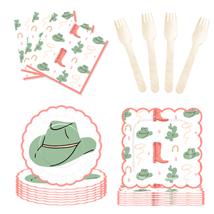 DAMAI - Vajilla de Papel para Fiesta Vaquera, Platos y Servilletas Rosas con Diseño de Vaquera y Cactus, para 8 Personas - Product Image 4