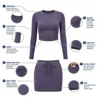 Ensemble assorti haut court à manches longues et mini-jupe pour femme, avec cordon de serrage, style athleisure, pour gym, yoga, golf, tennis, tenue décontractée deux pièces OEM