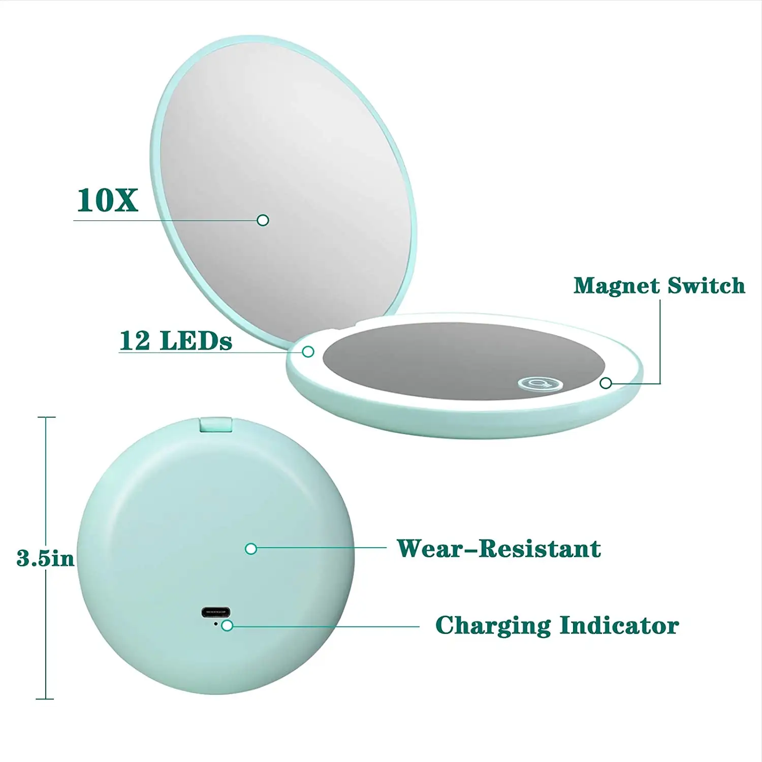 1X/10X Magnification Travel Mirror Rechargeable Pocket Mirror LED Purse Mirror 2-Sided Folding Handheld Round Small Makeup