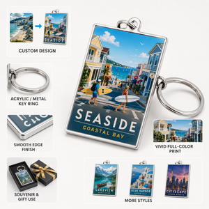 Seaside Travel Souvenir Custom Engraved Digital Photo Metal Rectangular Key Chain Resort Wedding Corporate Gift - Product Image 2