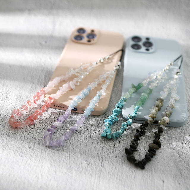 New Natural Crushed Stone Mobile Phone Strap Wrist Lanyard Keychain Beaded Gravel Crystal Stones Cellphone Chain