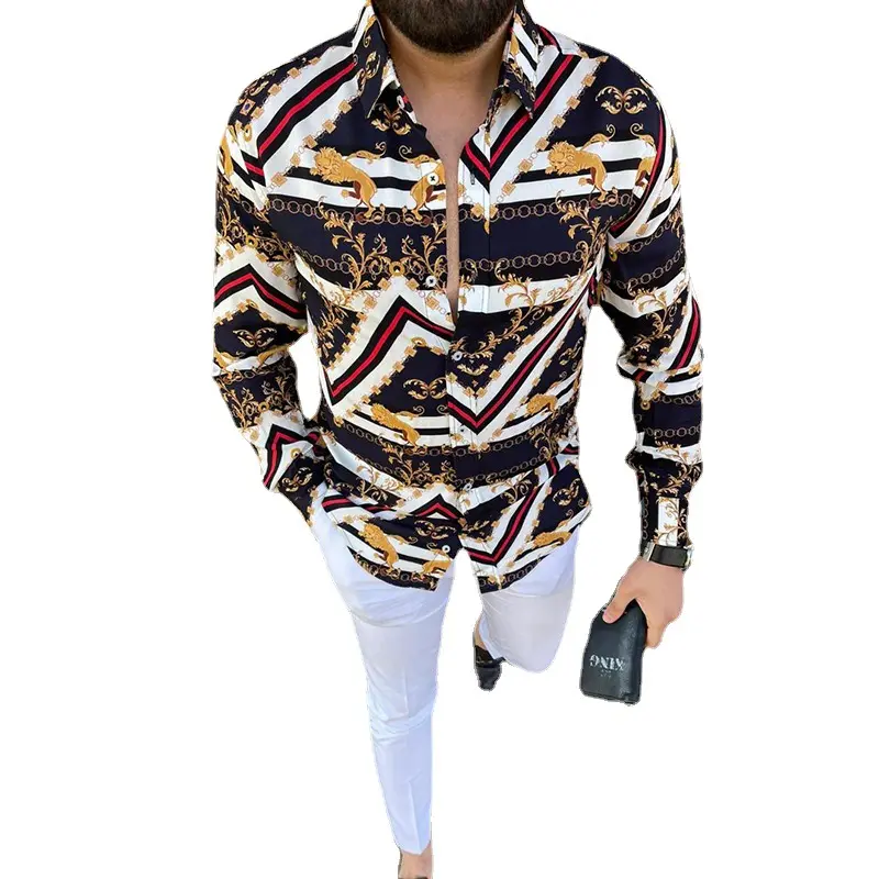 Camisa masculina estampada moderna, peça única, slim fit, casual, manga comprida, tamanho grande