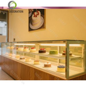 Aménagement intérieur de boulangerie commerciale, comptoir de présentation de gâteaux en bois et verre durable, mobilier de boulangerie sur mesure - Product Image 6