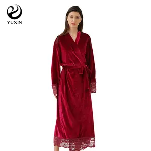 蕾丝固体天鹅绒长袍女士中国制造高品质女性黑色长袍6031