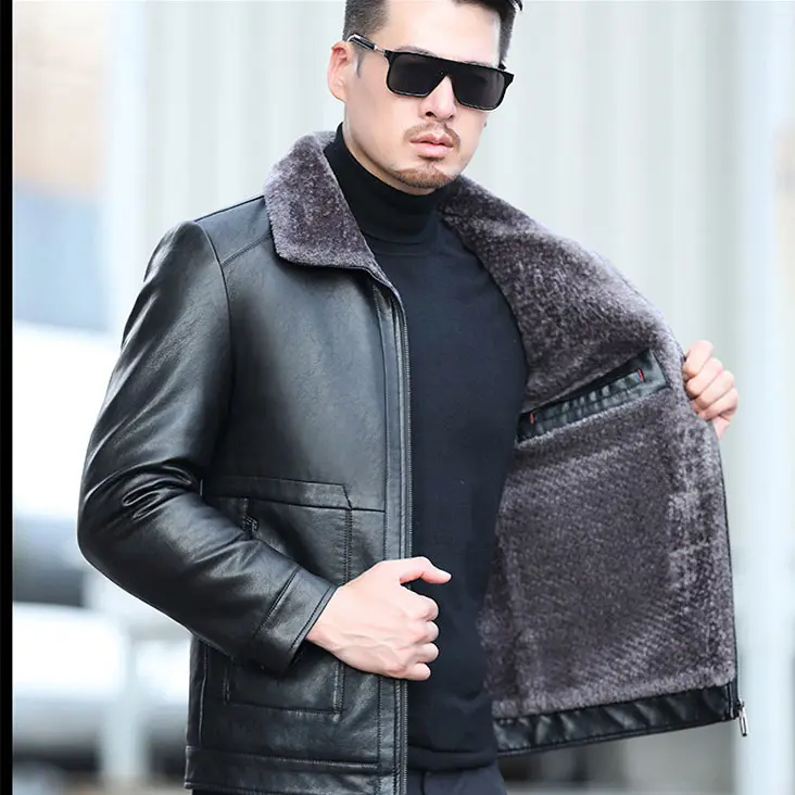 2021年のベストセラーの成熟した男性は、高品質のプラスベルベットの厚いウールのジャケットを着用します男性のためのゆったりとした快適な本革のジャケット
