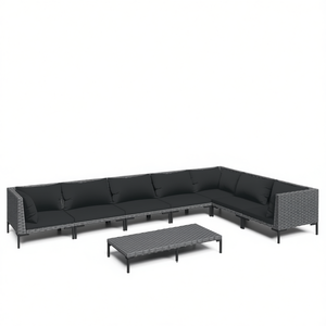 Ensemble de salon de jardin en rotin gris foncé avec coussins noirs, 10+ places, mobilier d'extérieur, design contemporain - Product Image 1