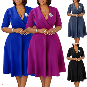 Robe midi d'été pour femme, écologique, à manches longues, col rabattu, coupe ample, en dentelle, style décontracté et élégant pour le bureau – Vente en gros à prix réduit - Product Image 3