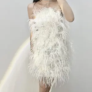 Elegant Party Evening Backless Long White Feather Dress Women