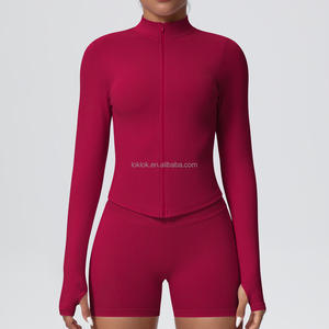 Veste de sport pour femme, fitness, course à pied, haut de yoga sans couture, trous pour les pouces, manches longues extensibles, coupe ajustée, coupe ajustée, coupe skinny, fermeture éclair - Product Image 2