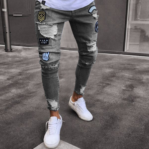 Jeans en coton élasthanne pour hommes, pantalons en denim déchirés empilés, pantalons <span class=keywords><strong>skinny</strong></span> à patchs vente en gros - Product Image 2
