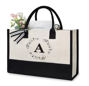 Women's Summer 2025 Beach <b>Tote</b> <b>Bag</b> <b>Canvas</b> with Ribbon and Letter Pattern - Product Image 2