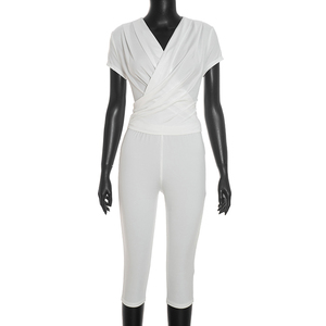Viviblook J26ST316 Conjunto de Otoño para Mujer, Nuevo Conjunto Casual de Dos Piezas con Cuello en V, Pantalones Cortos con Pliegues Cruzados y Manga Corta - Product Image 2