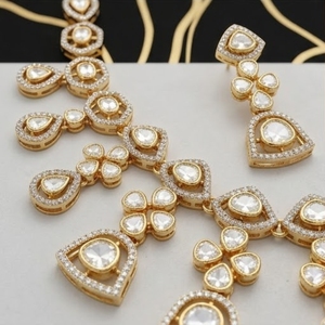 Traditional Kundan 925 <b>Silver</b> Necklace Gold Bridal Jewelry with Earrings Pear Cut Bezel Setting Womens Wedding Jewelry - Product Image 3