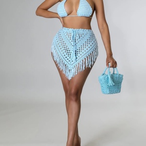 Viviblook Z508ST05 2025 conjunto de verano Mujer Sexy hecho a mano ganchillo hueco borla sin tirantes Sexy Mini falda 2 piezas conjunto para mujer - Product Image 4