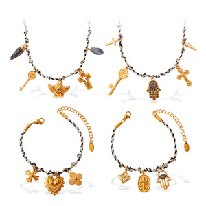 European American Retro Woven <b>Rope</b> Necklace <b>Bracelet</b> Set Zinc Alloy Cross Pendant Unisex Jewelry - Product Image 5