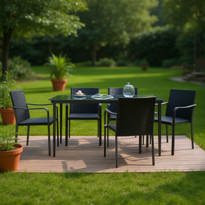 Set da Pranzo da Giardino in Polyrattan Nero con Telaio in Acciaio, 4 Posti, Arredamento da Esterno dal Design Contemporaneo, Resistente alle Intemperie - Product Image 2