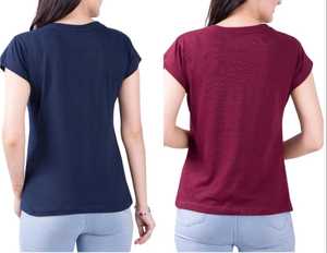 เสื้อยืดแขนสั้นคอวีผ้าเจอร์ซีย์สีพื้นสำหรับผู้หญิง ทรงเข้ารูป สีกรมท่าและสีแดงเบอร์กันดี ผ้าฝ้าย 100% กันยับ สำหรับฤดูหนาว - Product Image 1