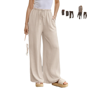 Pantalon large taille basse en lin respirant pour femme, style européen, longueur cheville, décontracté, fermeture élastique, idéal plage, taille XL - Product Image 1