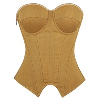 Corset Buste Ouvert Femme Noir Rayé, Costume de Bureau Rayé, Corset Zippé à Lacets avec Baleines, Bustier Sexy sans Bretelles